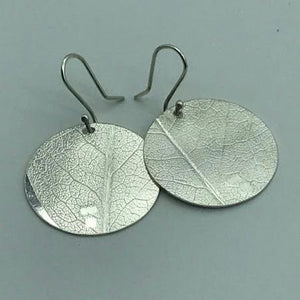 "Creation", Leaf print - Silver Circle Earrings