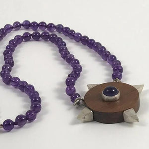 "EARTH" Granadillo and Silver-Symbolic Pendant, on Amethyst stringed Necklace.