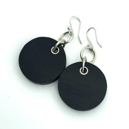 African Blackwood Disc, Sterling Silver, Earrings.