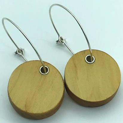 Huon Pine Wood Discs, Sterling Silver Hoop, Earrings.